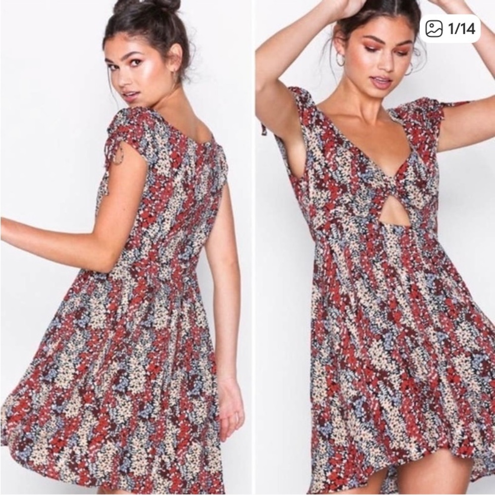 Free People Miss Right Mini Dress Floral Print Cap Sleeve Keyhole Cut Out
